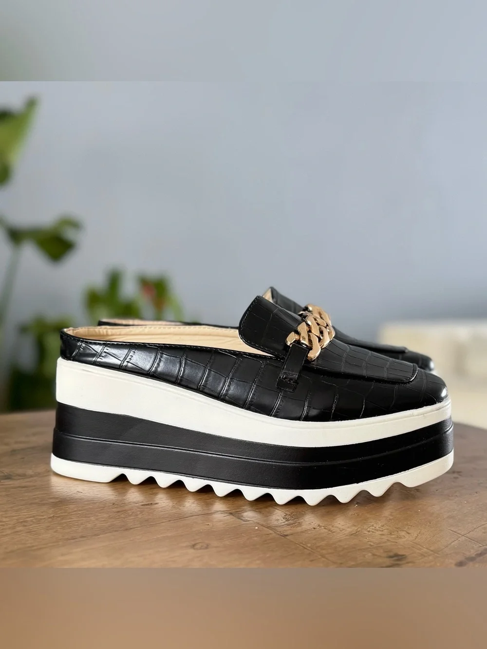 Black Platform Loafers with Gold Chain Accent - Picture 6 of 9